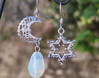 Filigree Moon and Star Earrings, Silver Stainless Steel Mismatched Opalite Earrings, celestial jewelry