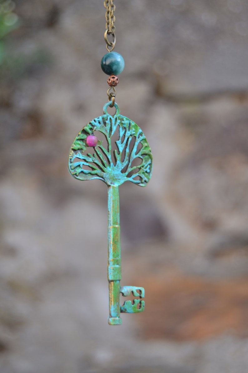 Key to the Secret Garden necklace, apple tree necklace green key necklace with jade stone gardener jewelry forest key necklace gardener gift image 3