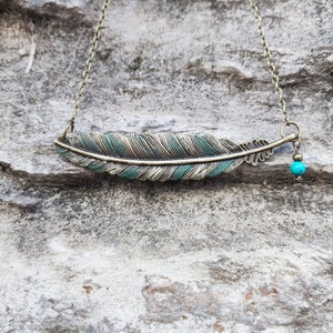 Sideways feather necklace, statement boho green necklace, rustic blue green patina jewelry, bohemian feather jewelry, unique gift for woman image 6