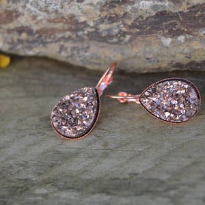 Rose gold earrings bridesmaids, rose gold druzy earrings, rose gold bridesmaid earrings set of 3 4 5 rose gold teardrop earrings lever back image 4