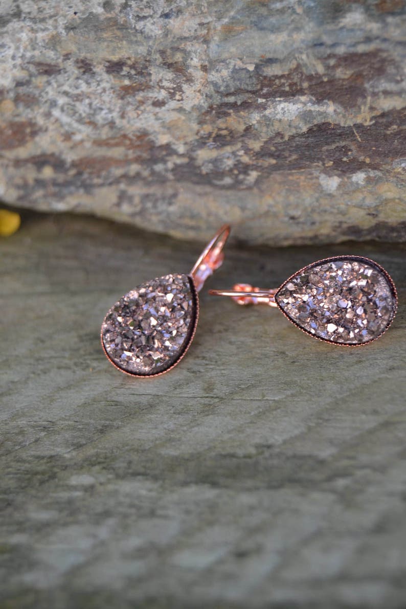 Rose gold earrings bridesmaids, rose gold druzy earrings, rose gold bridesmaid earrings set of 3 4 5 rose gold teardrop earrings lever back image 4