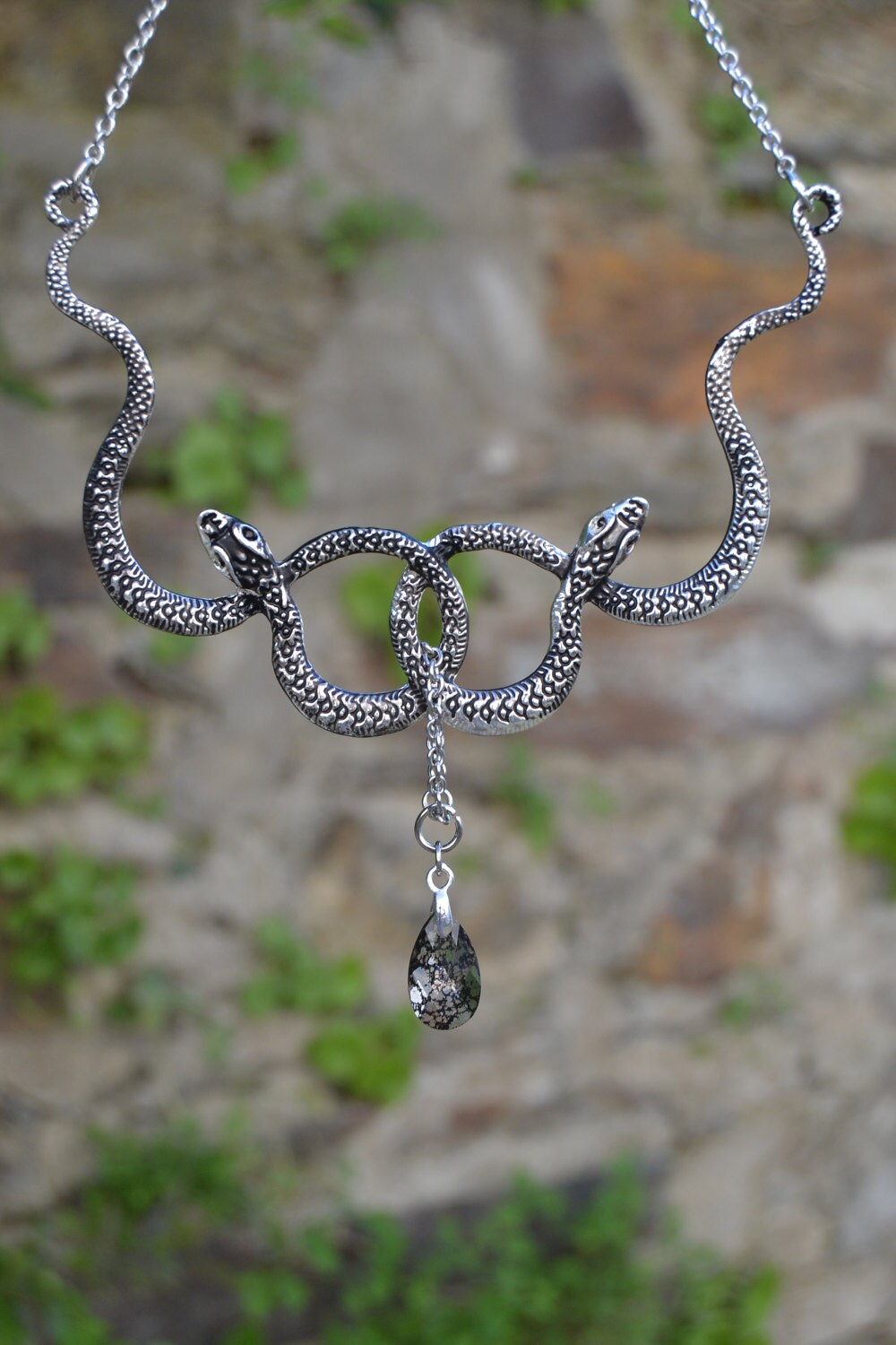 Double Snake Necklace Silver Gothic 