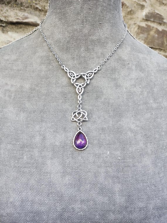 Purple Amethyst Celtic Necklace, Silver Stainless Steel Elven Amethyst Choker, Elvish Celtic Knot Jewelry