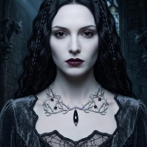 May include: A woman with pale skin and dark hair wears a silver necklace with black accents and a large black pendant. She is dressed in a dark velvet gown with lace detailing. The background is a gothic-style interior with gargoyles.