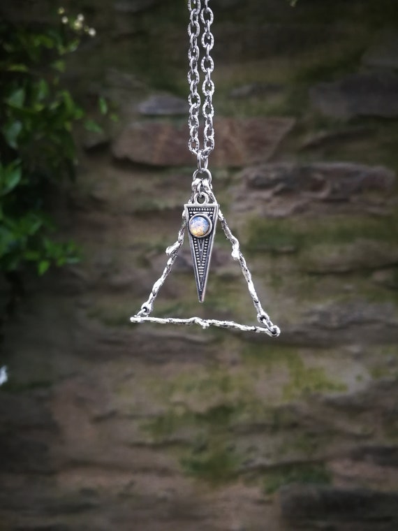 Fantasy Rustic Silver Triangle Necklace, Stainless Steel Fire Opal Triangle Pendant, Boho Jewelry
