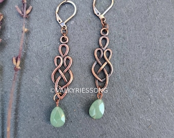 Celtic earrings, dangle copper aventurine earrings, long viking earrings, celtic knot earrings light green earrings, viking irish jewelry