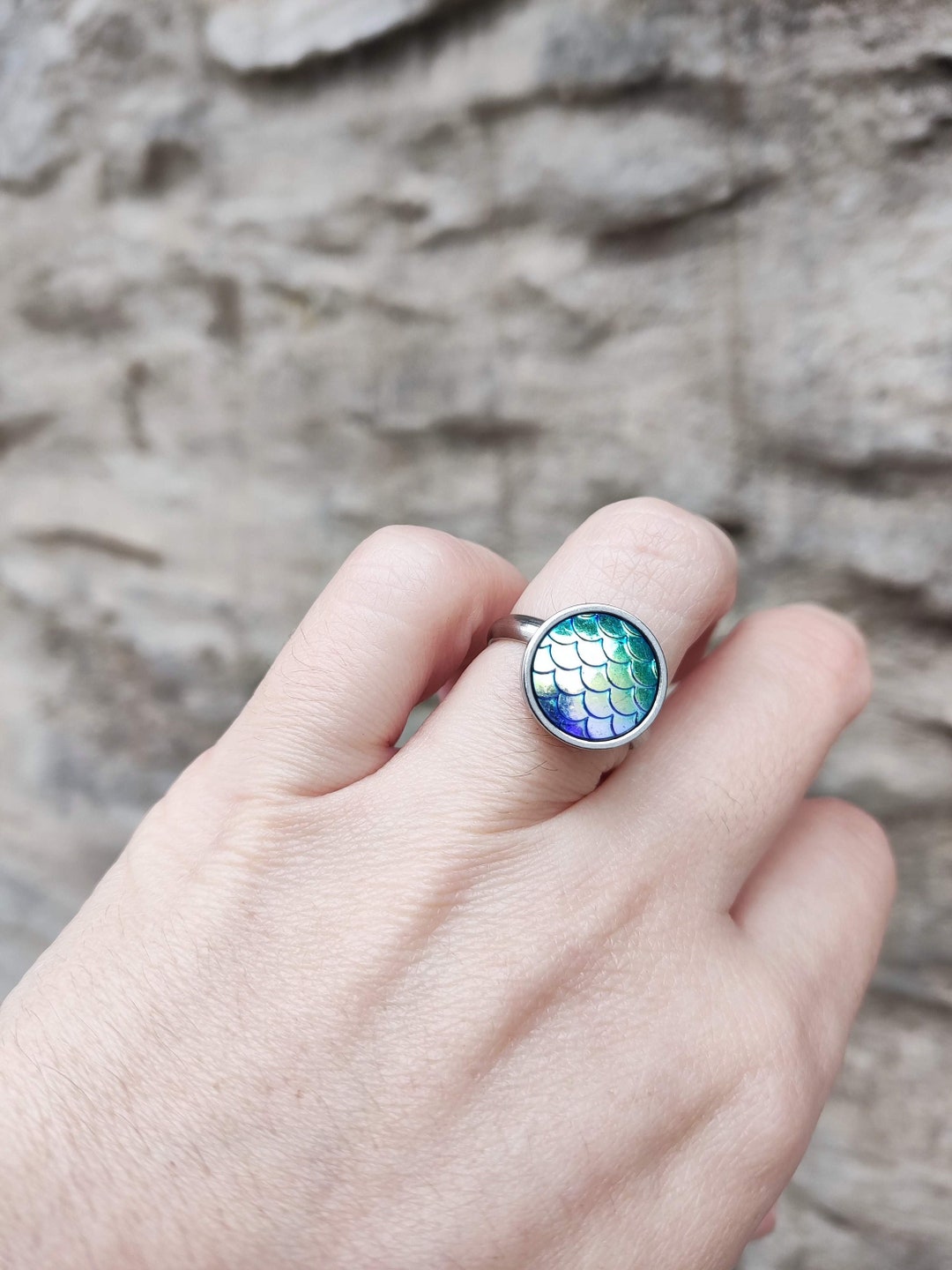 Steel Iridescent Blue Mermaid Ring, Silver Mermaid Scales Ring, Cute  Whimsical Ring, Minimalist Dragon Scale Ring, Fantasy Jewelry Gifts
