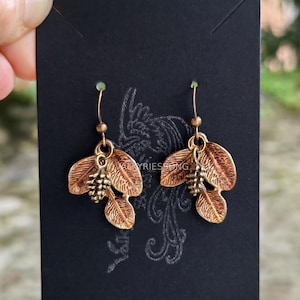 Tiny Pinecone Earrings, Gold Bronze & Copper Tones Dainty Leaf Earrings, Woodland Jewelry