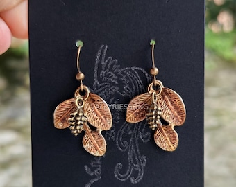 Tiny Pinecone Earrings, Gold Bronze & Copper Tones Dainty Leaf Earrings, Woodland Jewelry