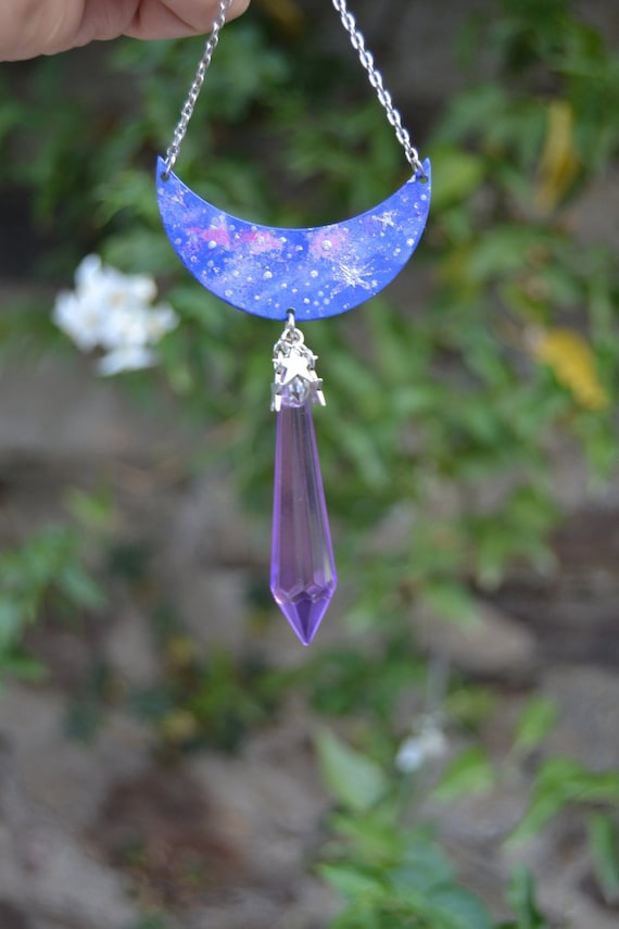 Hand Painted Crescent Moon and Purple Crystal Pendulum Necklace Galaxy Necklace Celestial Jewelry Blue Moon Necklace Stars Necklace Etsy