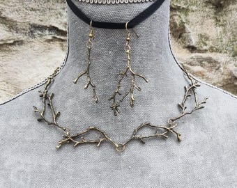 Goblincore Twig Jewelry Set: Antiqued Bronze Branch Necklace & Earrings Fantasy Woodland Elven Goblincore Jewelry, Earthy Jewelry Set