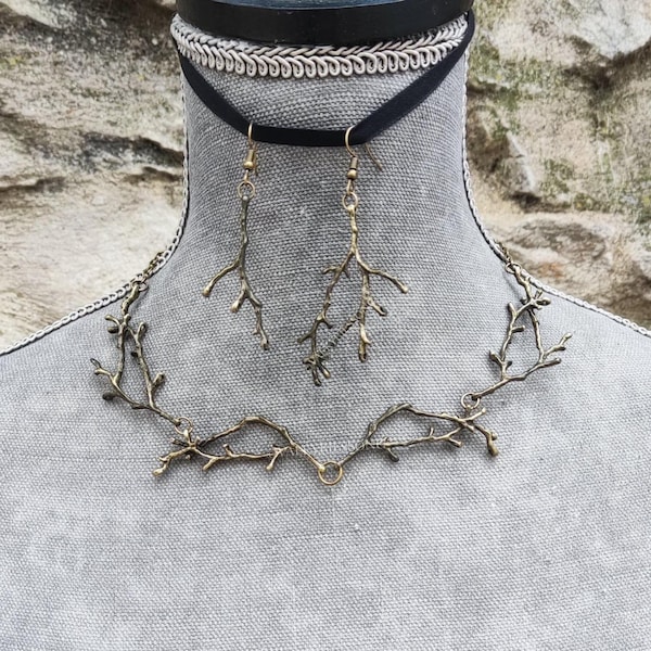 Goblincore Twig Jewelry Set: Antiqued Bronze Branch Necklace & Earrings Fantasy Woodland Elven Goblincore Jewelry, Earthy Jewelry Set