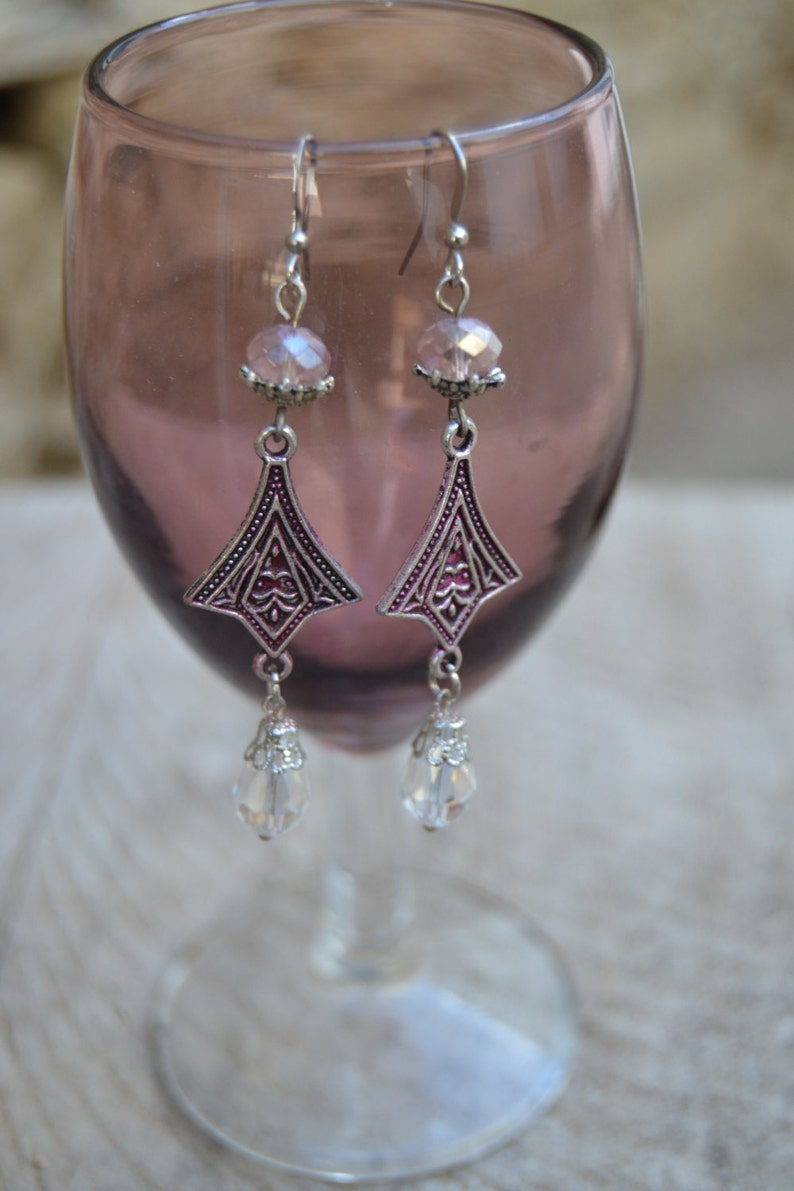 Art Nouveau earrings silver Art Deco earrings purple crystal earrings long dangle clear crystal drop earrings Art Nouveau jewelry