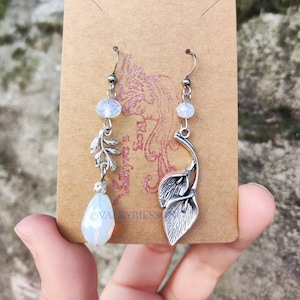 Asymmetrical floral earrings, silver calla lily earrings, flower opalite earrings crystal white opal drop earrings mismatched plant earrings