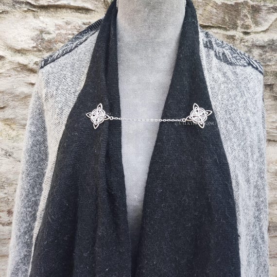 Witch knot pins with chain, silver steel viking cloak brooch, gothic collar pins, irish celtic witchy renaissance accessories