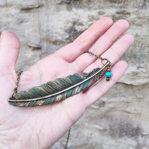 Sideways feather necklace, statement boho green necklace, rustic blue green patina jewelry, bohemian feather jewelry, unique gift for woman image 5