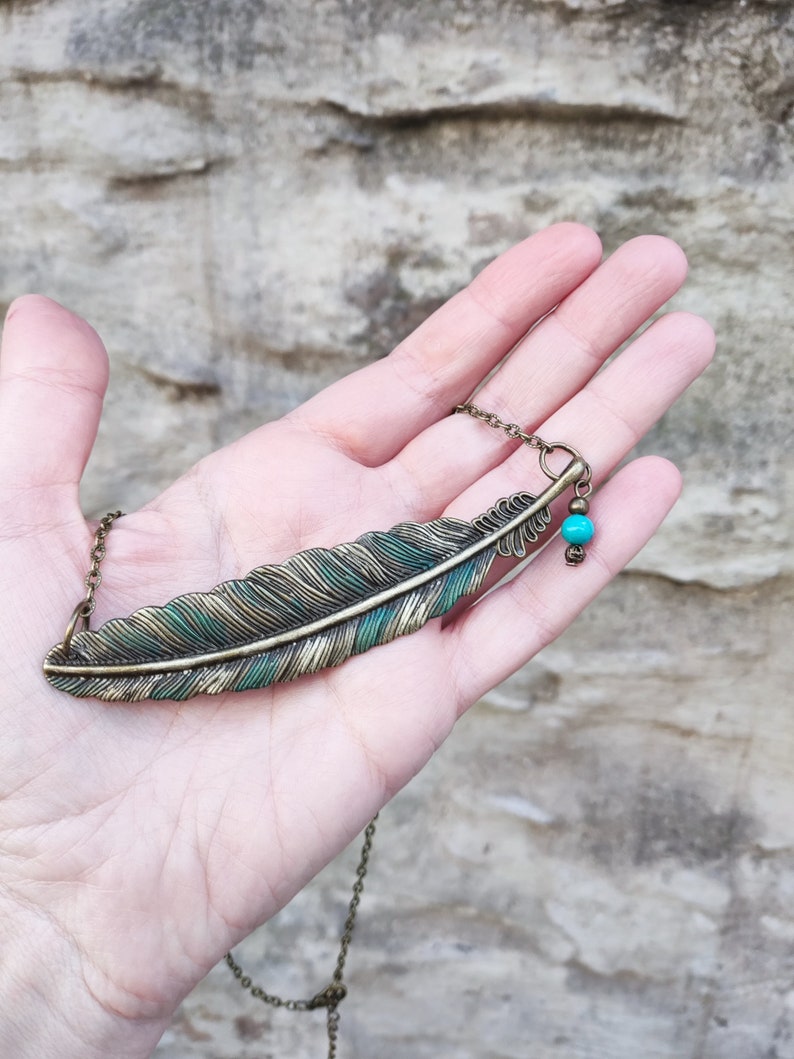 Sideways feather necklace, statement boho green necklace, rustic blue green patina jewelry, bohemian feather jewelry, unique gift for woman image 5