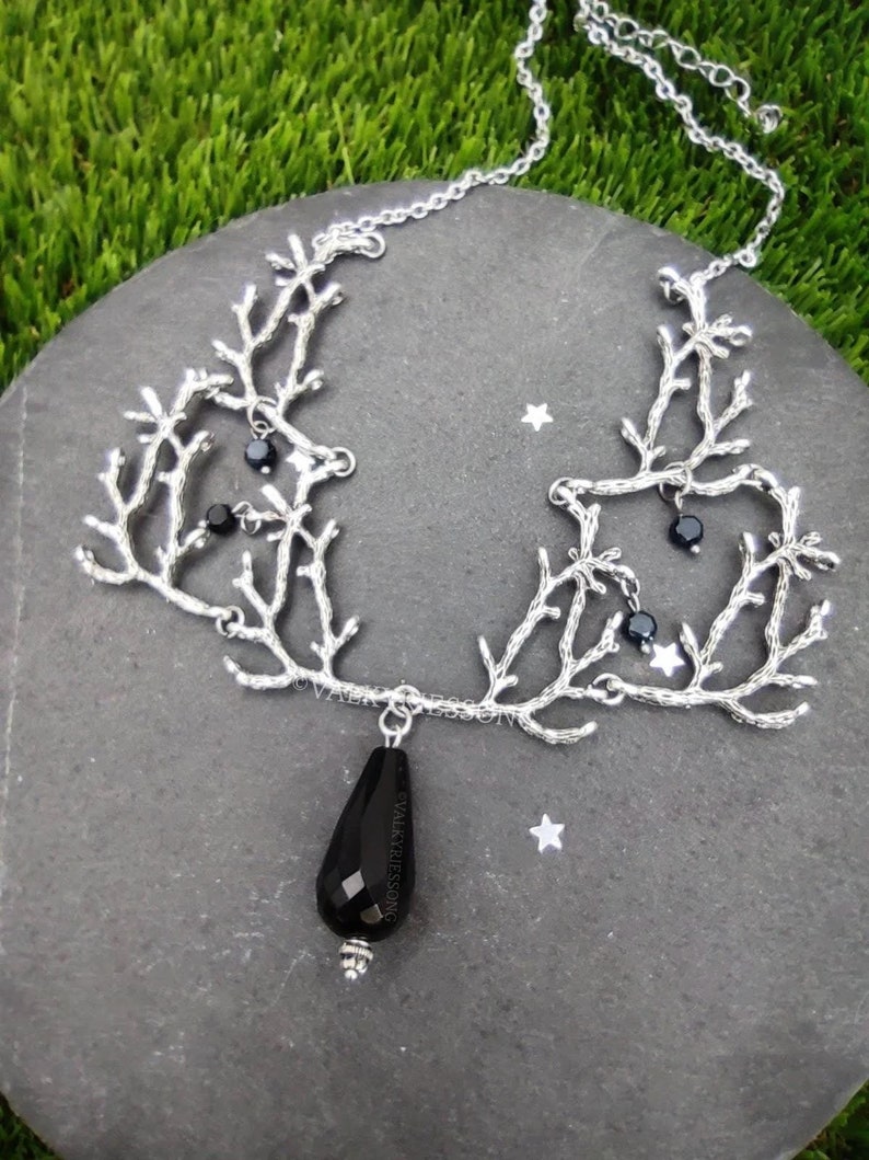 Dark elf queen silver tone branches bib necklace with black crystal beads dangling and focal faceted large onyx drop