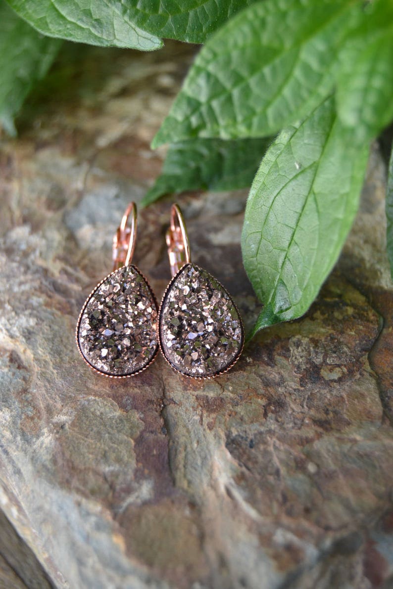 Rose gold earrings bridesmaids, rose gold druzy earrings, rose gold bridesmaid earrings set of 3 4 5 rose gold teardrop earrings lever back image 3