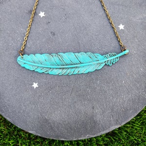 Sideways feather necklace, statement boho green necklace, rustic blue green patina jewelry, bohemian feather jewelry, unique gift for woman image 10