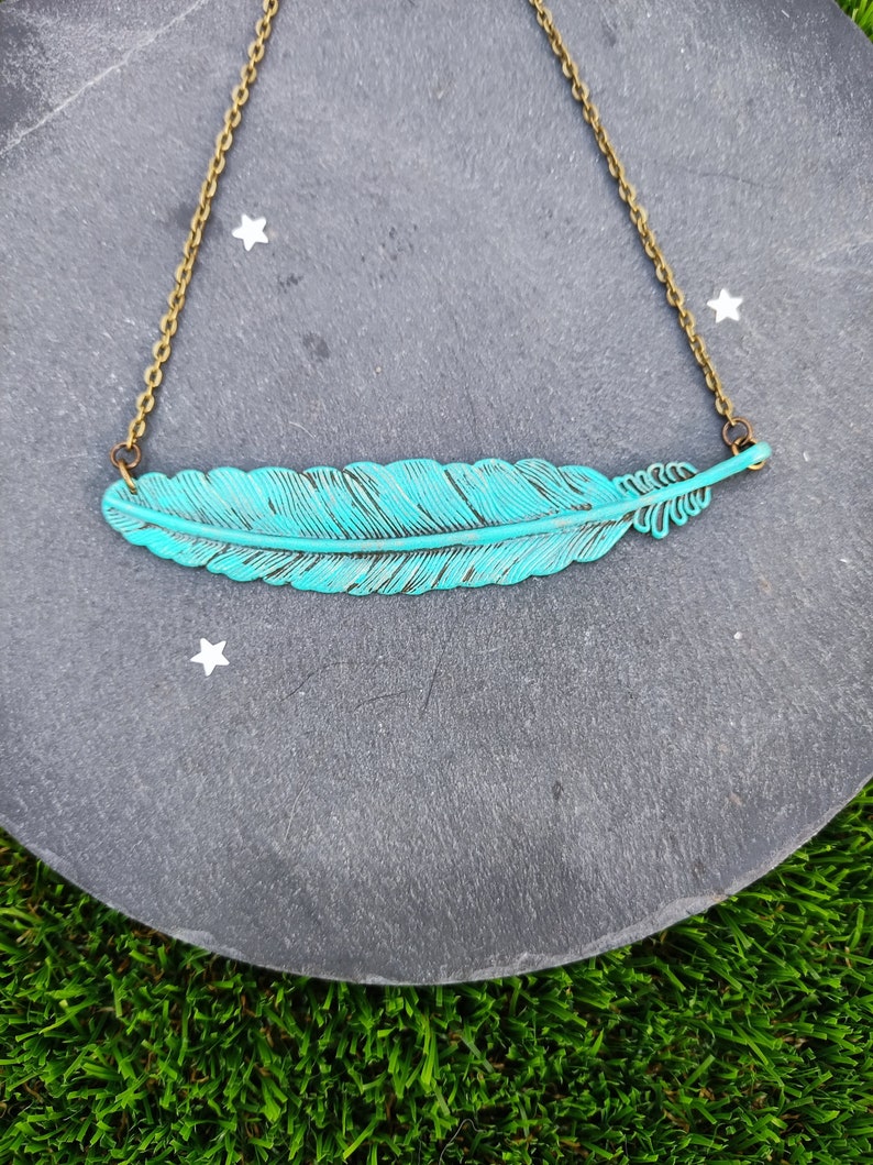 Sideways feather necklace, statement boho green necklace, rustic blue green patina jewelry, bohemian feather jewelry, unique gift for woman image 10