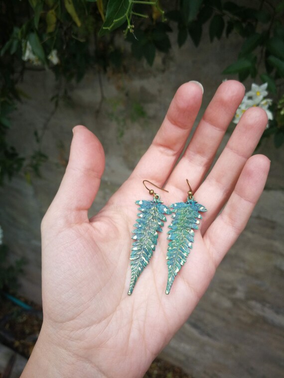 Fern Leaf Earrings Green Leaf Jewelry Long Dangle Fern Plant