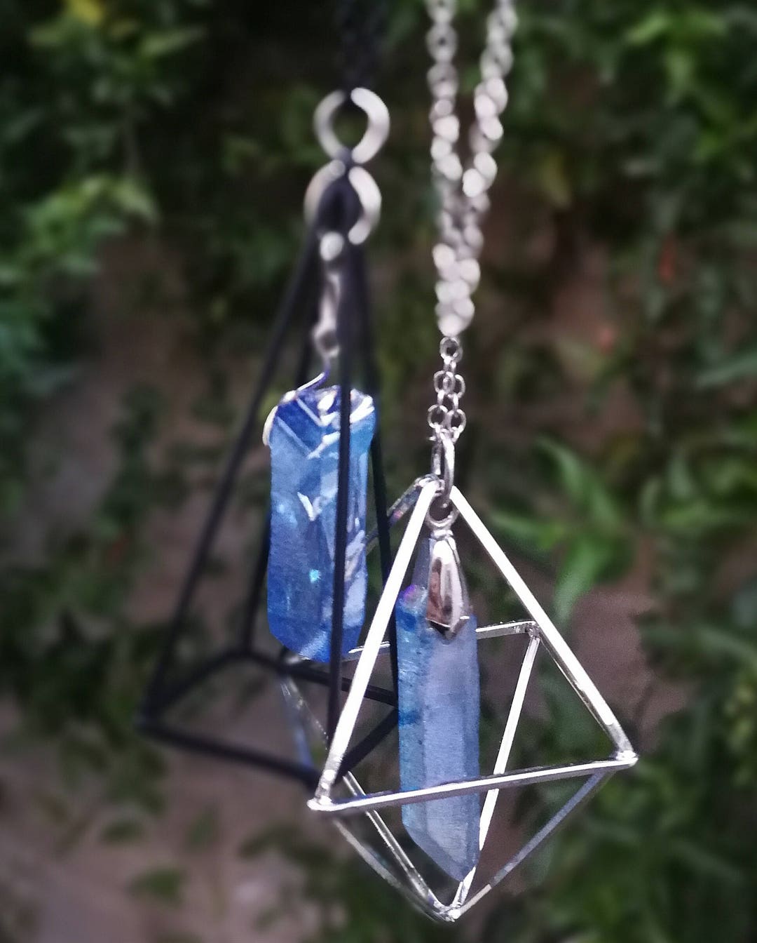 Blue Angel Aura Quartz Crystal Necklace, Geometric Pyramid Rhombus
