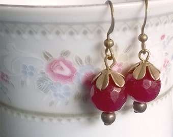 Dainty ruby earrings  Mistletoe earrings dangle small red earrings Red berry earrings , Woodland earrings - raspberry earrings