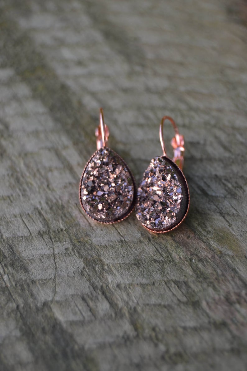 Rose gold earrings bridesmaids, rose gold druzy earrings, rose gold bridesmaid earrings set of 3 4 5 rose gold teardrop earrings lever back image 1