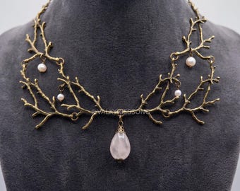 Nature bridal necklace, rose quartz and pearl cottagecore necklace, woodland bib necklace, enchanted bronze twig necklace, boho jewelry
