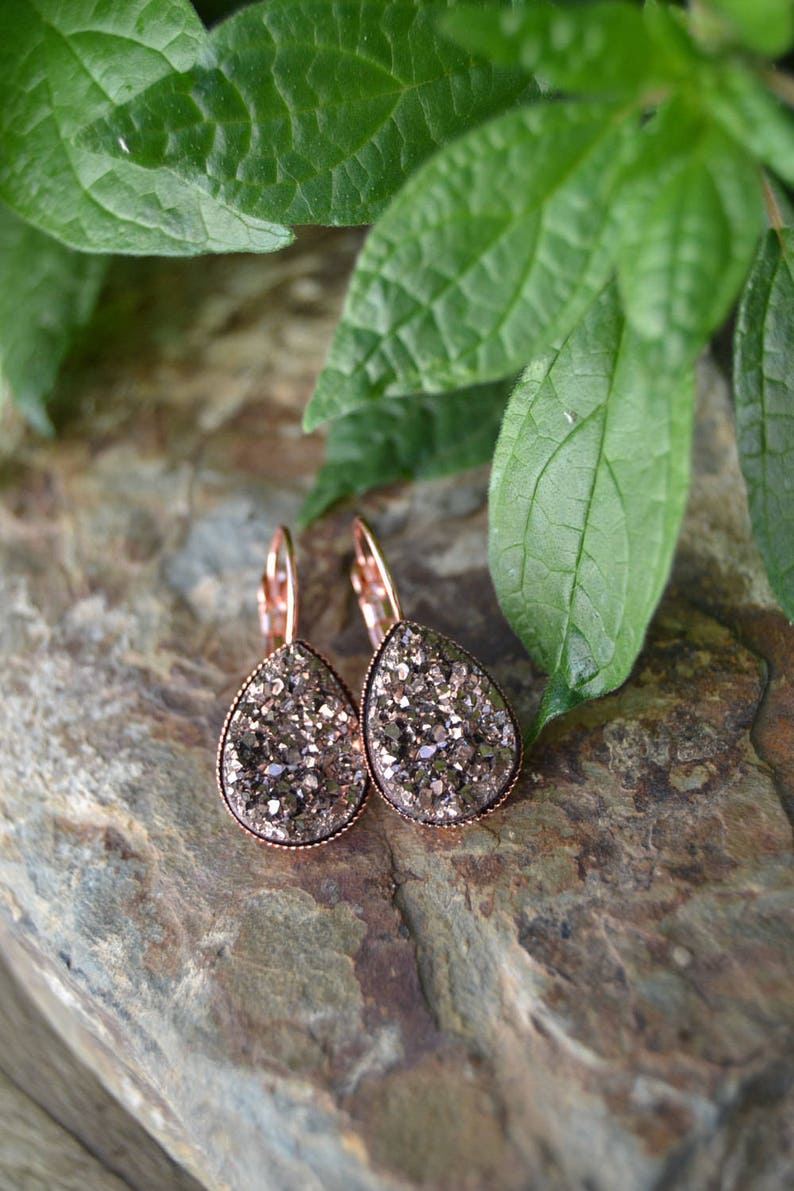 Rose gold earrings bridesmaids, rose gold druzy earrings, rose gold bridesmaid earrings set of 3 4 5 rose gold teardrop earrings lever back image 2