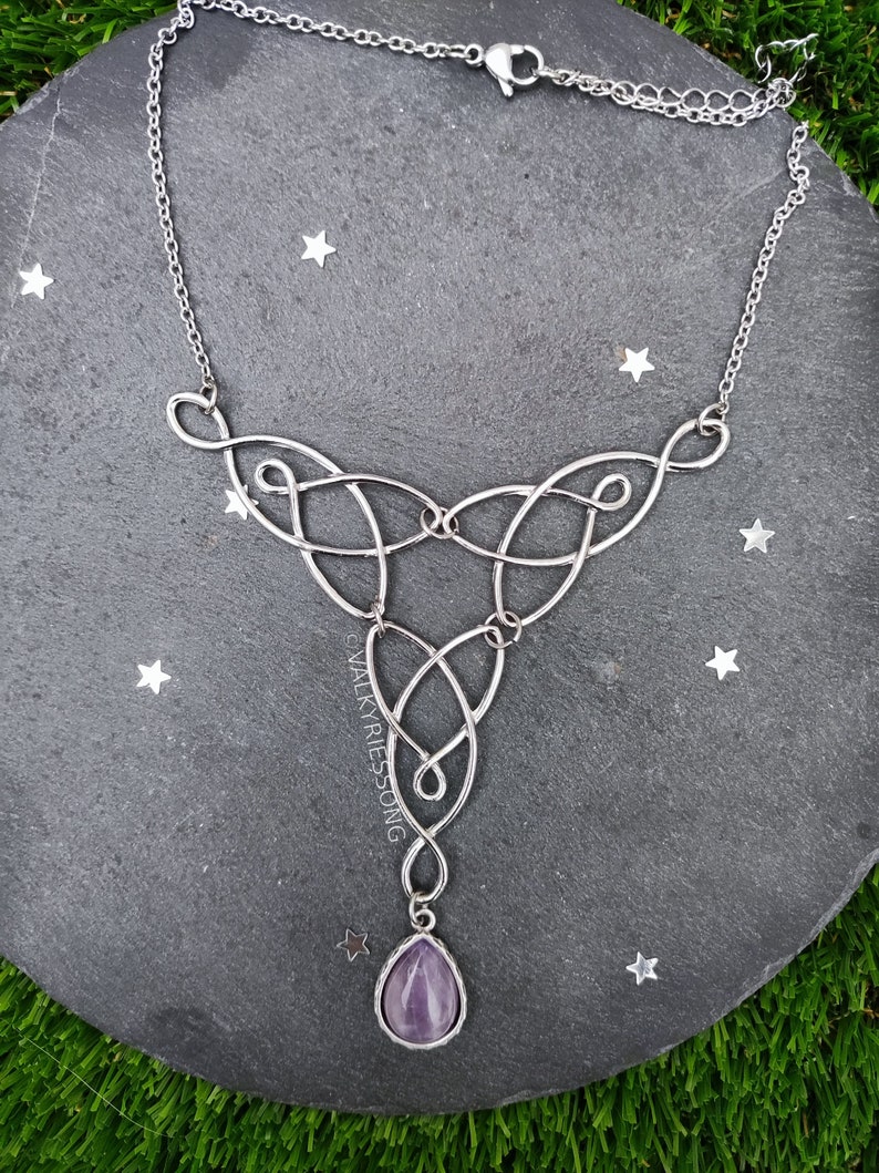Amethyst celtic knot choker necklace, silver celtic necklace with amethyst drop, statement amethyst necklace, fairycore renfaire accessories image 4