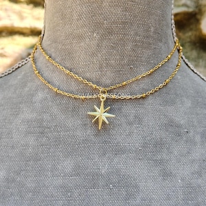 Gold star choker necklace, golden star necklace, celestial sunburst necklace, two layers dainty chain choker, light gold beaded choker