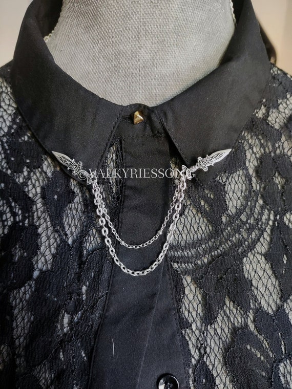 Viking sword brooch with chain, antique silver steel chains & alloy dagger collar pins, gothic celtic light cape brooch