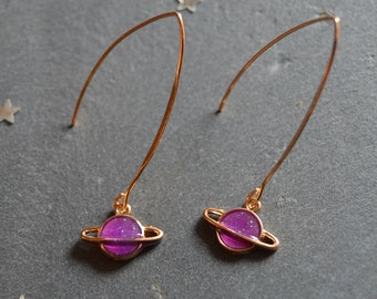 Planet earrings gold dangle Saturn earrings dainty earrings long hook earrings hot pink purple planet jewelry,space earrings cosmic earrings