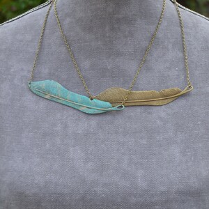 Sideways feather necklace, statement boho green necklace, rustic blue green patina jewelry, bohemian feather jewelry, unique gift for woman image 3