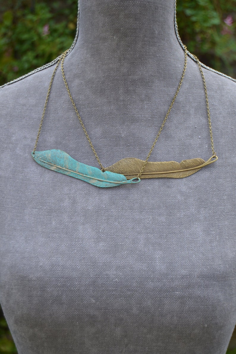Sideways feather necklace, statement boho green necklace, rustic blue green patina jewelry, bohemian feather jewelry, unique gift for woman image 3