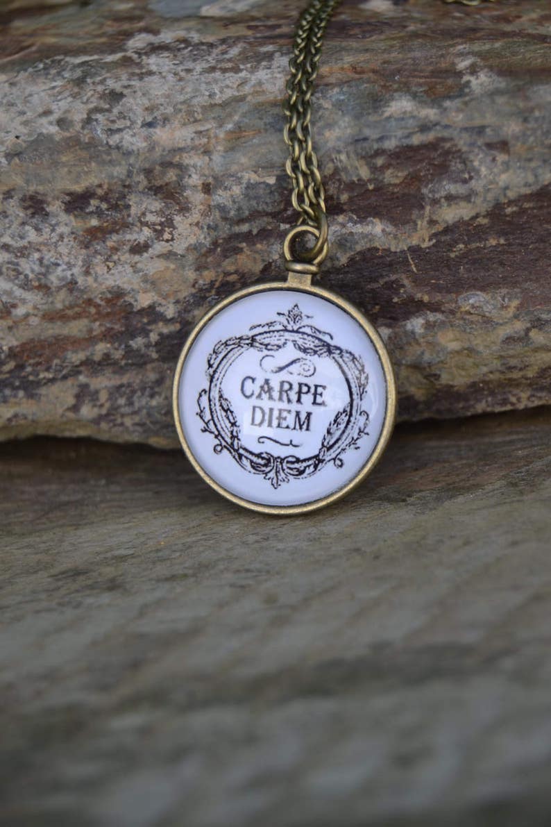 Antique bronze Carpe diem pendant necklace, Inspirational Motivational jewelry vintage style image 1