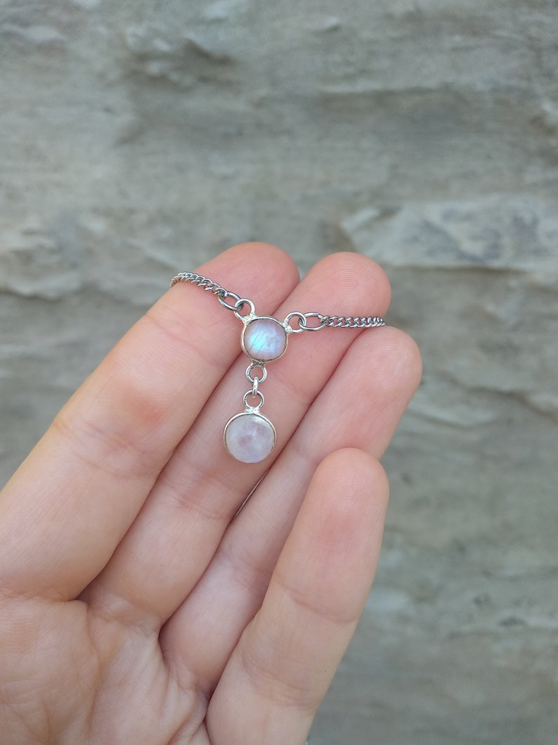 Minimalist tiny moonstone necklace, silver two stones necklace moonstone jewelry, dainty jewelry tiny moonstone pendant minimal jewelry image 10