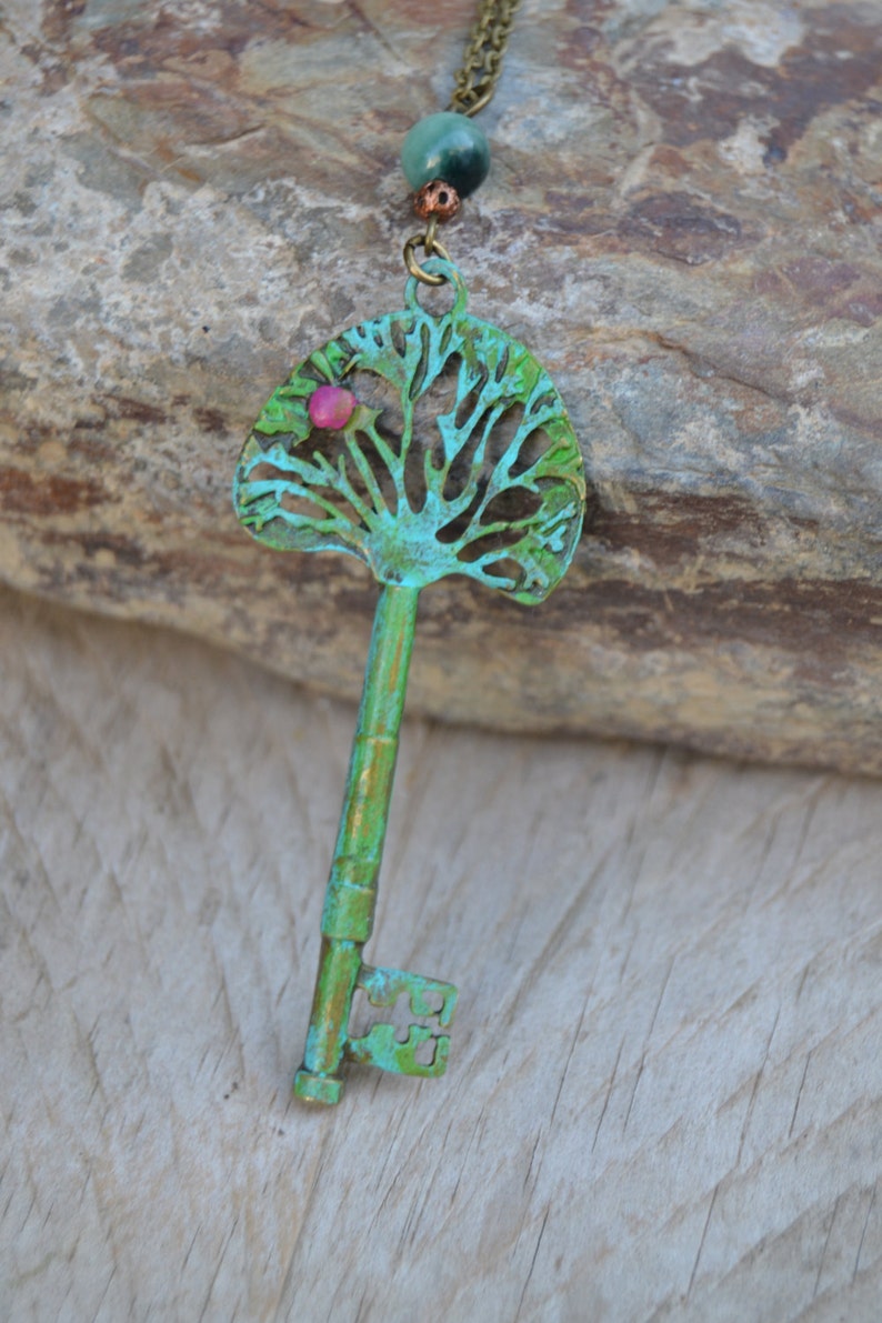 Key to the Secret Garden necklace, apple tree necklace green key necklace with jade stone gardener jewelry forest key necklace gardener gift image 2