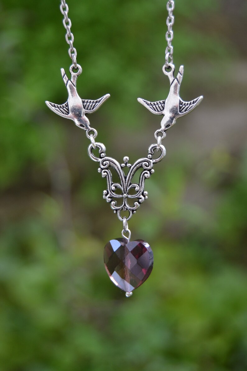 Silver birds necklace, retro purple crystal heart necklace Romantic Jewelry Swallows necklace Rockabilly Jewelry, pin up jewelry image 2