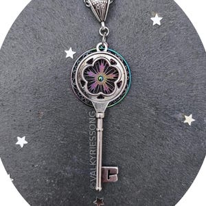 Cathedral key necklace, silver multicolor key pendant necklace, rainbow vitrail necklace, statement gothic necklace, gothic fantasy jewelry