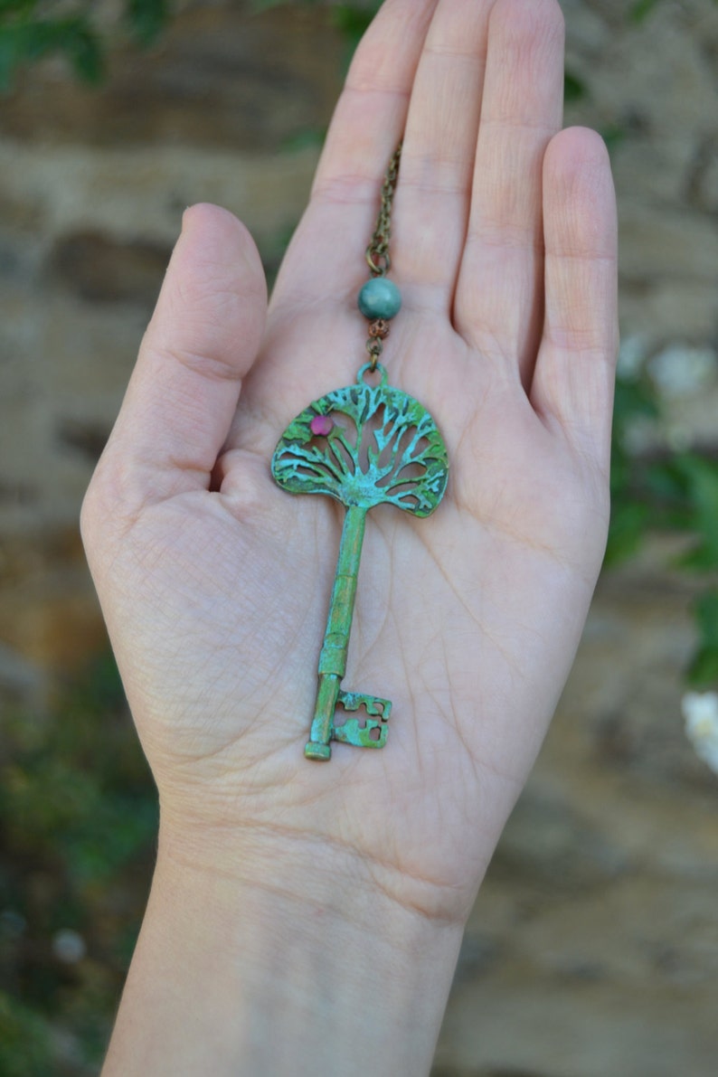 Key to the Secret Garden necklace, apple tree necklace green key necklace with jade stone gardener jewelry forest key necklace gardener gift image 1