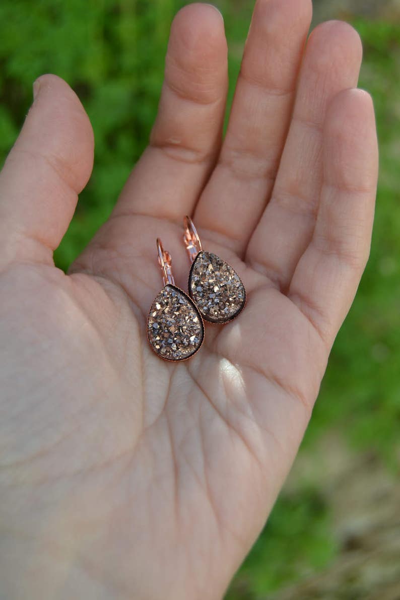 Rose gold earrings bridesmaids, rose gold druzy earrings, rose gold bridesmaid earrings set of 3 4 5 rose gold teardrop earrings lever back image 5