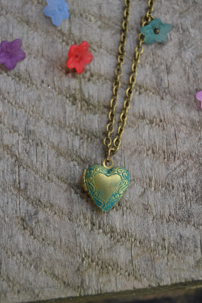 Dainty Tiny Brass Locket Small Heart Locket Necklace Green Etsy