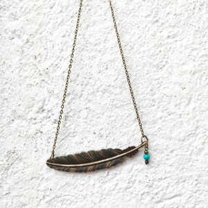 Sideways feather necklace, statement boho green necklace, rustic blue green patina jewelry, bohemian feather jewelry, unique gift for woman image 9