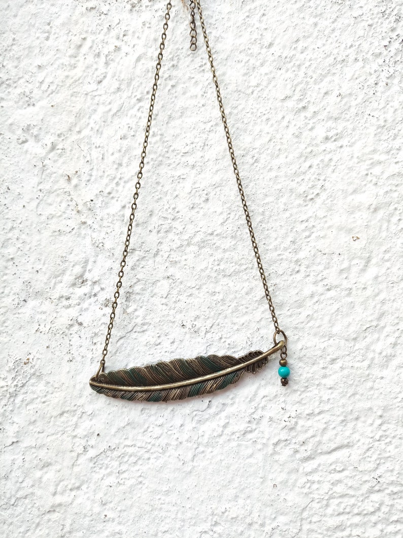 Sideways feather necklace, statement boho green necklace, rustic blue green patina jewelry, bohemian feather jewelry, unique gift for woman image 9