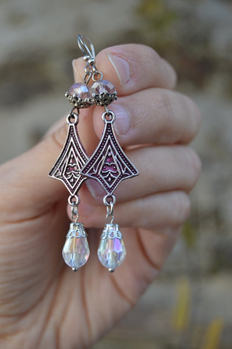 Art Nouveau earrings silver Art Deco earrings purple crystal earrings long dangle clear crystal drop earrings Art Nouveau jewelry