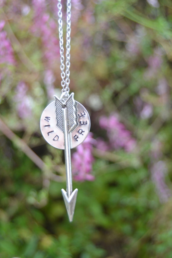 Wild & Free Arrow Necklace, Hand Stamped Silver Steel Pendant, Boho Jewelry