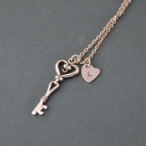 Initial necklace, silver key necklace, heart charm necklace with initial, personalized jewelry, initial jewelry for her, gift for daughter